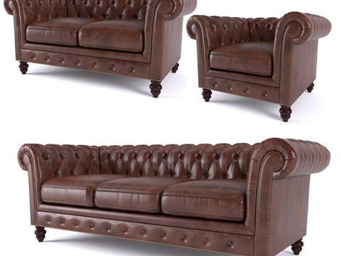  美式复古皮革休闲沙发3d模型 