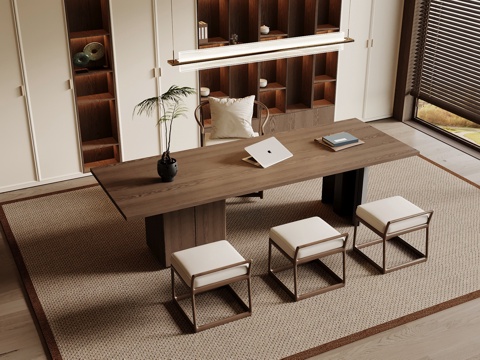 宋式禅意书房 书柜背景 禅意书桌椅组合 长形书桌su模型