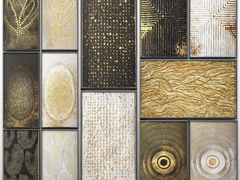  画作系列。金色。3幅。墙面装饰，一套3d模型 