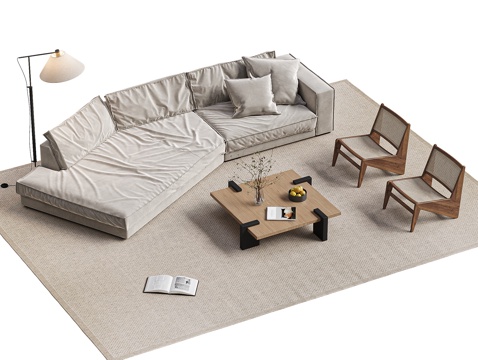 BAXTER 侘寂中古风沙发茶几组合 地毯 布达佩斯沙发su模型