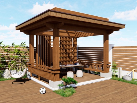  新中式实木凉亭 廊架 庭院凉亭 花园亭子 休闲庭院凉亭3d模型 