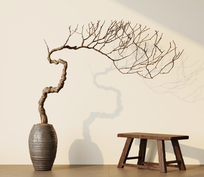  侘寂中古盆栽 落地盆栽 新中式盆栽su模型 