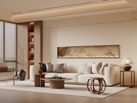  宋式禅意客厅 沙发背景墙 禅意沙发组合 圆形茶几3d模型 