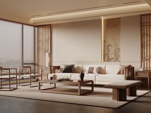 宋式禅意客厅 沙发背景墙 禅意沙发组合 圆形茶几su模型