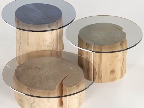  3张圆形咖啡桌树桩配玻璃桌面3d模型 