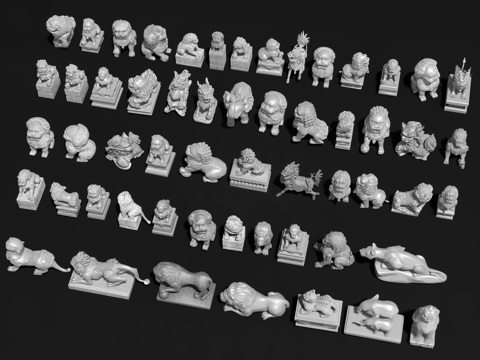  中式石狮子 貔貅 麒麟 石像 石雕门墩 神兽雕塑小品3d模型 