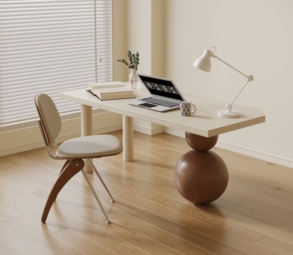 现代中古风书桌椅 奶油风书桌椅 休闲桌椅su模型