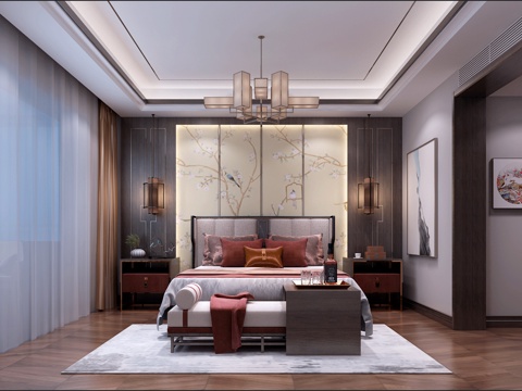  新中式卧室床3d模型 
