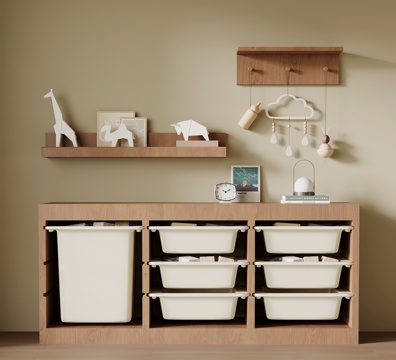 中古风玩具柜 墙饰 置物架 储物柜su模型