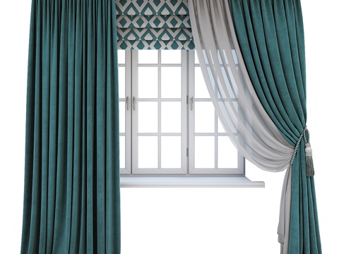  落地直垂的绿松石色窗帘3d模型 