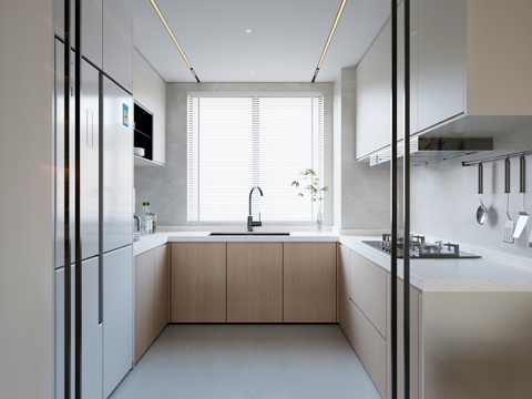 奶油原木风U型厨房su模型