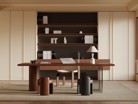  中古风书房 书柜 书桌椅 办公桌椅3d模型 