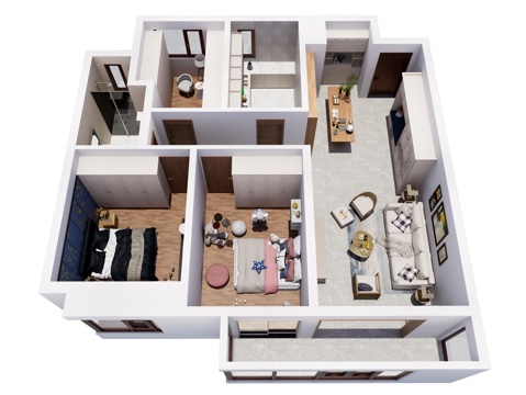  现代简约家装鸟瞰 简约室内家装空间 鸟瞰图 现代家装样板房3d模型 