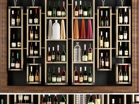  陈列架配有收藏酒与花瓶3d模型 