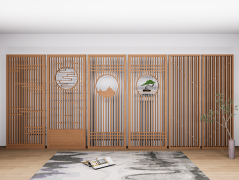  新中式镂空屏风隔断 木质隔断屏风 格栅隔断屏风 中式实木隔断3d模型 