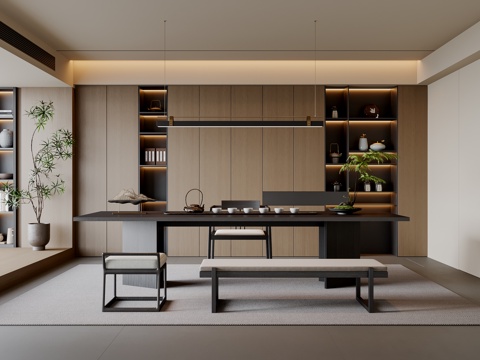  新中式茶室 茶桌椅 茶柜 吊灯 装饰柜 地毯su模型 