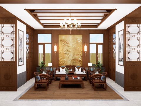 新中式家居客厅 别墅家居客厅 中式沙发茶几组合 新中式吊顶su模型