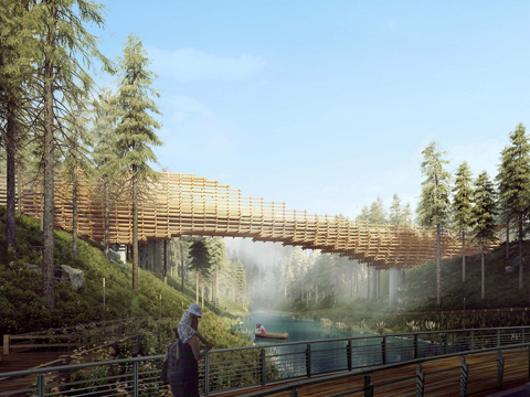  现代木构装饰景观桥 木结构桥su模型 