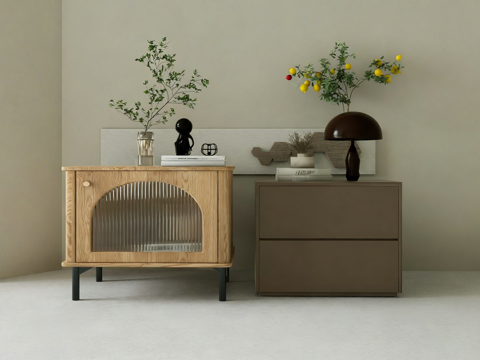  现代简约边柜 矮柜 原木色 弧形玻璃门 边柜 波纹玻璃su模型 