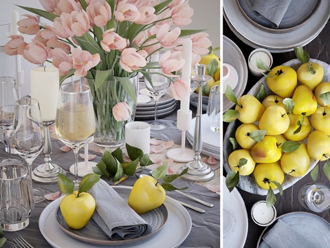  餐桌布置27.粉色郁金香餐桌布置3d模型 