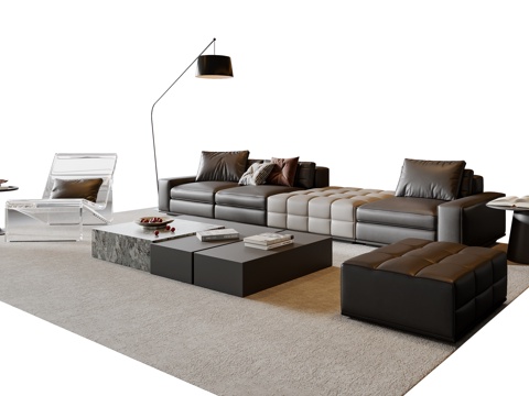 现代意式沙发茶几组合 多人沙发 皮质沙发 休闲椅 地毯su模型