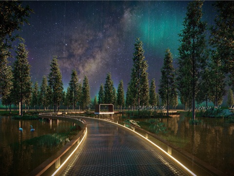  现代滨水景观 滨水步道 廊架su模型 