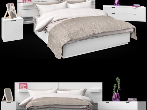  宜家Nordley床带床头板、抽屉柜3d模型 