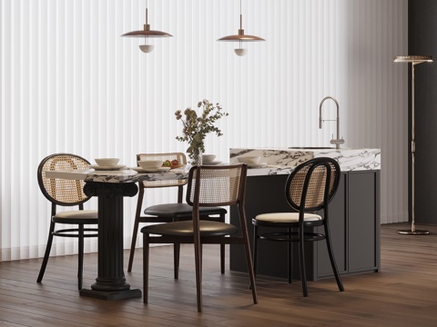 法式复古风岛台 餐桌椅su模型