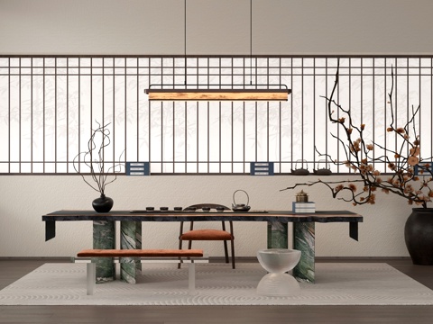  新中式茶室 桌椅组合 吊灯3d模型 