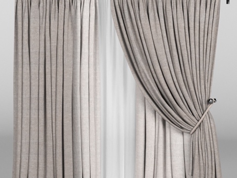  宽幅棕色窗帘配绳索吊带+白色3d模型 