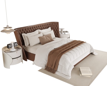  现代双人床 床头柜su模型 