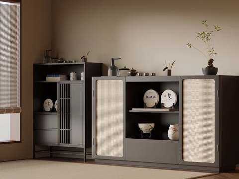 新中式茶柜 茶水柜 茶具su模型su模型