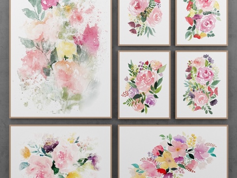  水彩花卉画作套装3d模型 