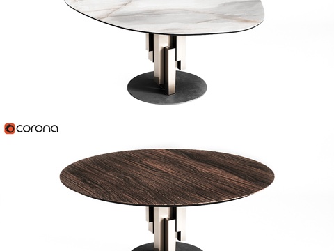  卡特兰意大利天际线陶瓷与木质圆形全套餐桌3d模型 