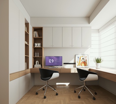  现代简约书房  原木风沙发3d模型 