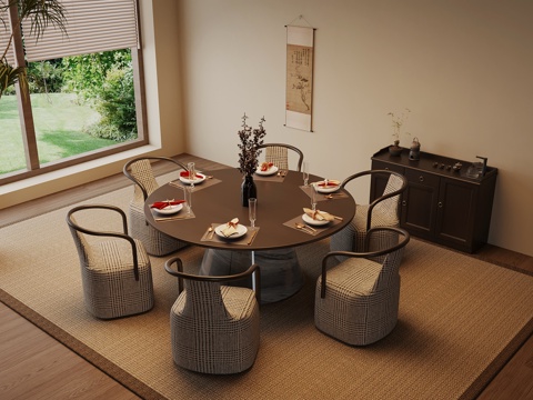 新中式餐桌椅 圆桌su模型