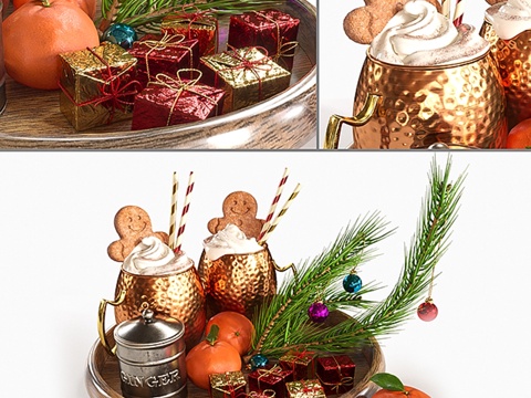  托盘饮品配姜饼3d模型 