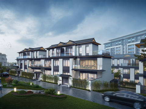 新中式联排别墅 斜顶su模型