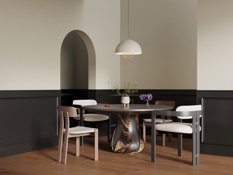 中古风餐桌椅 圆桌su模型