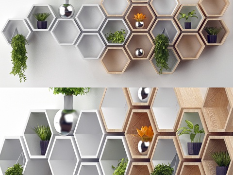  原木橡木质朴六角形壁架3d模型 