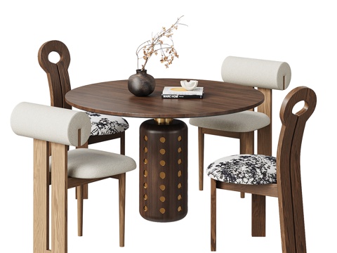  中古风餐桌椅组合 圆形餐桌椅 餐桌摆件3d模型 