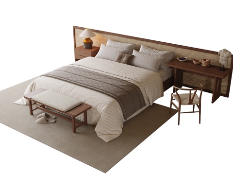 现代双人床 床尾凳su模型