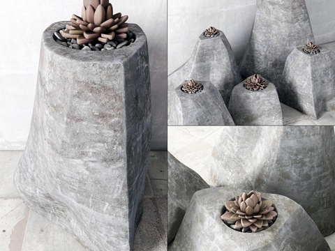  多肉植物岩石花瓶3d模型 