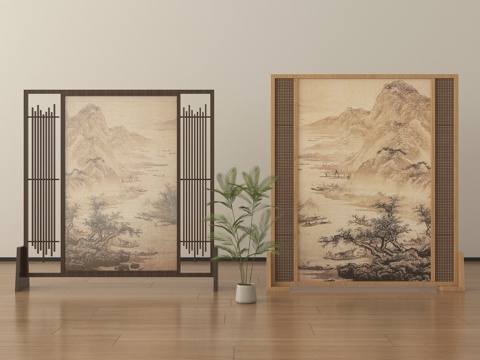  新中式屏风隔断 绿植su模型 