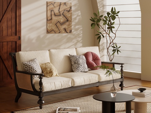 法式复古风多人沙发 直排沙发su模型