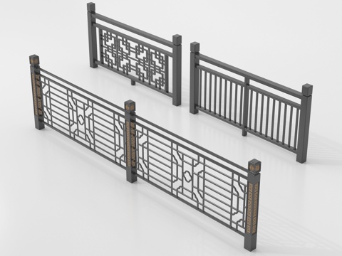 新中式栏杆护栏 栅栏围栏 实木围栏护栏su模型
