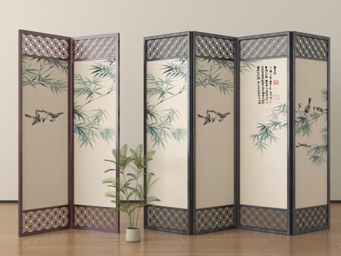  新中式可折叠屏风 玄关隔断 禅意实木屏风木材3d模型 
