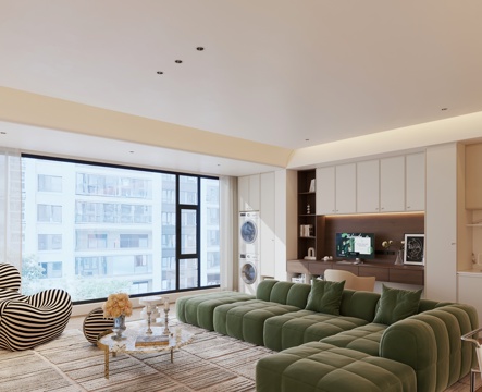  奶油风客餐厅 中古风客餐厅 大平层 横厅 客餐厅一体3d模型 