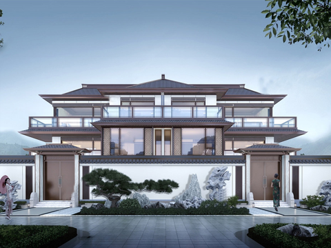 新中式双拼别墅 双层 斜顶su模型