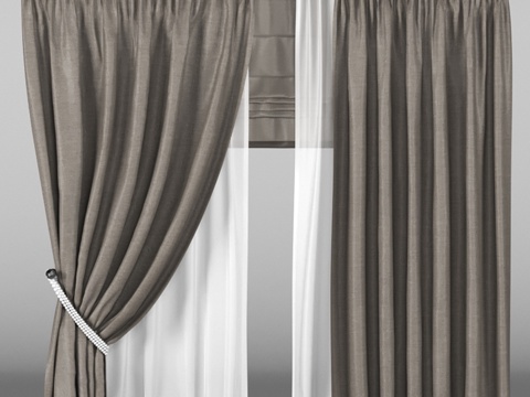  背景中棕色窗帘配白色薄纱3d模型 